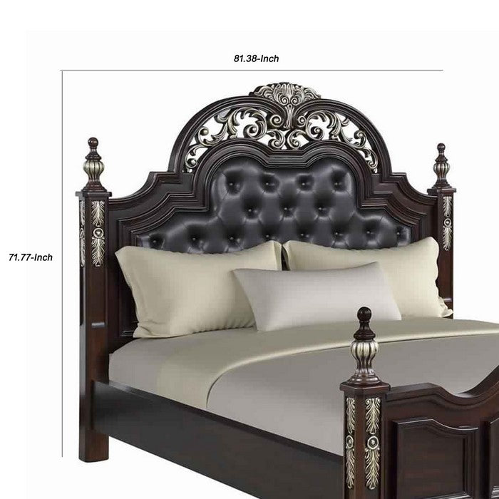 Leatherette Headboard with Intricate Carvings and Mirror Inlay, Brown