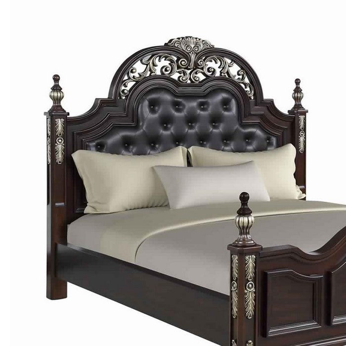 Leatherette Headboard with Intricate Carvings and Mirror Inlay, Brown