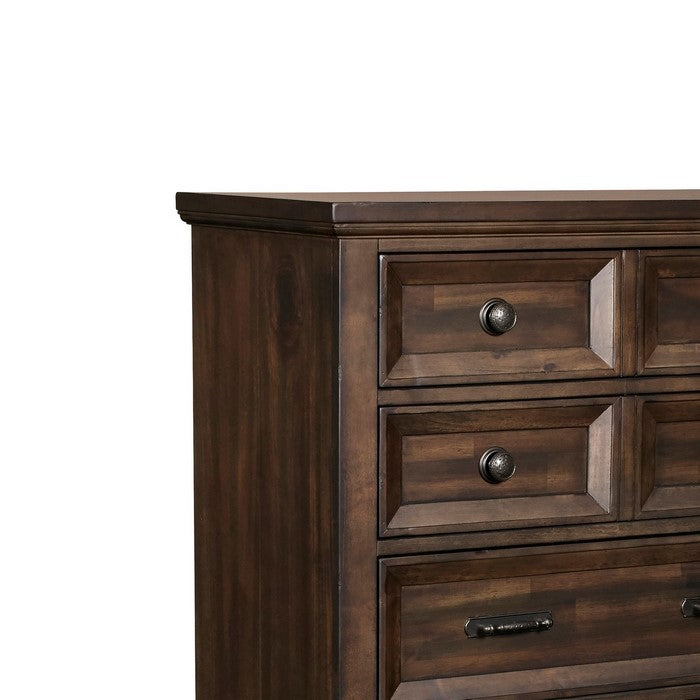 5 Drawer Wooden Chest with Grain and Molded Details, Dark Brown