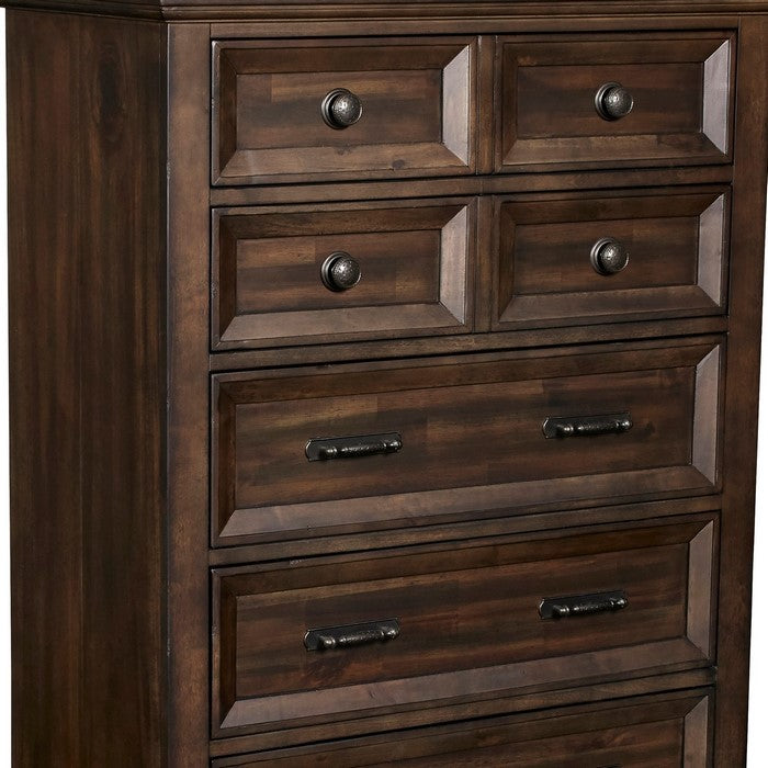 5 Drawer Wooden Chest with Grain and Molded Details, Dark Brown