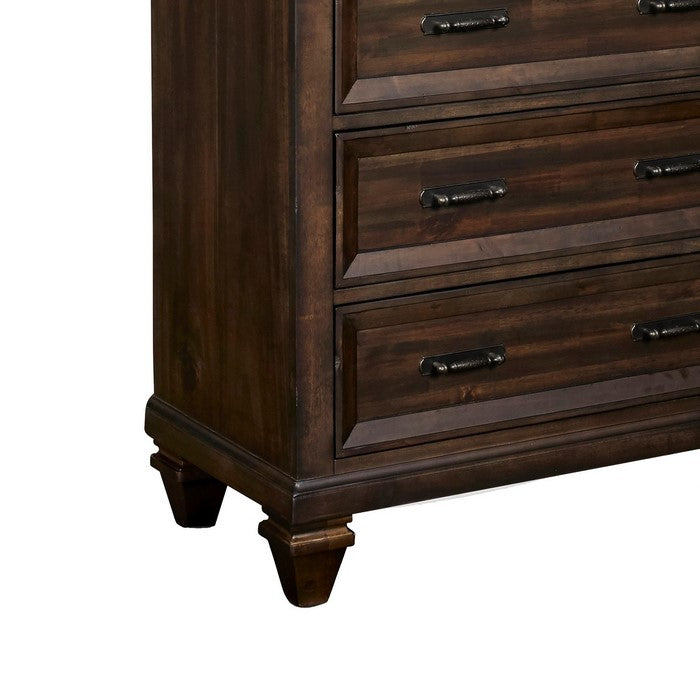 5 Drawer Wooden Chest with Grain and Molded Details, Dark Brown