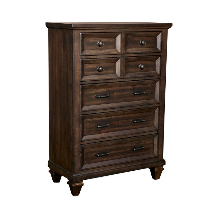 5 Drawer Wooden Chest with Grain and Molded Details, Dark Brown