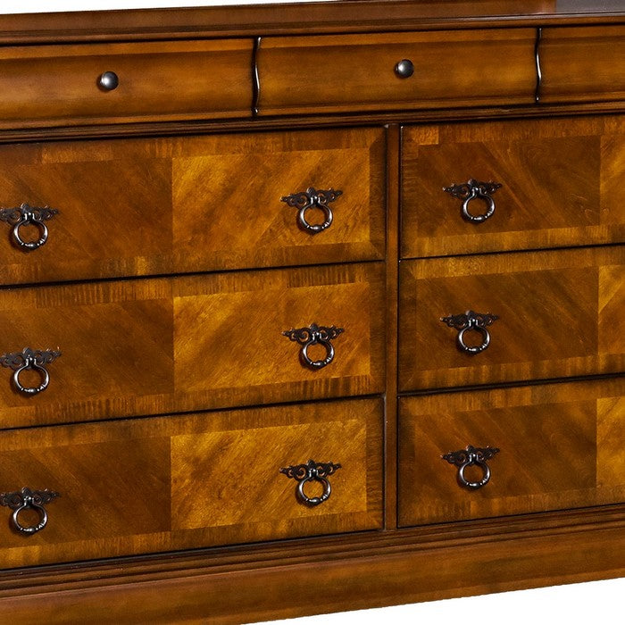 9 Drawer Wooden Dresser with Metal Ring and Knob Handles, Brown
