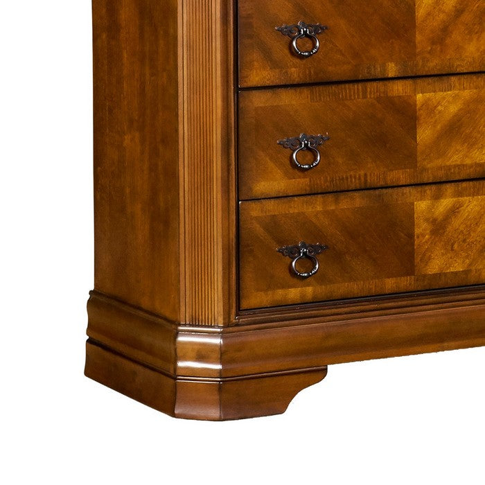 9 Drawer Wooden Dresser with Metal Ring and Knob Handles, Brown