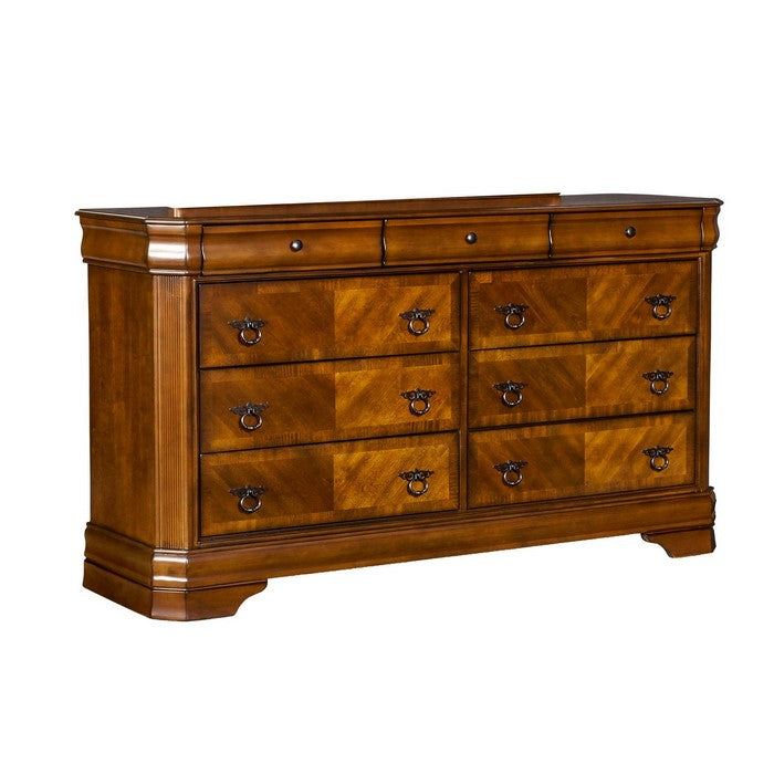 9 Drawer Wooden Dresser with Metal Ring and Knob Handles, Brown