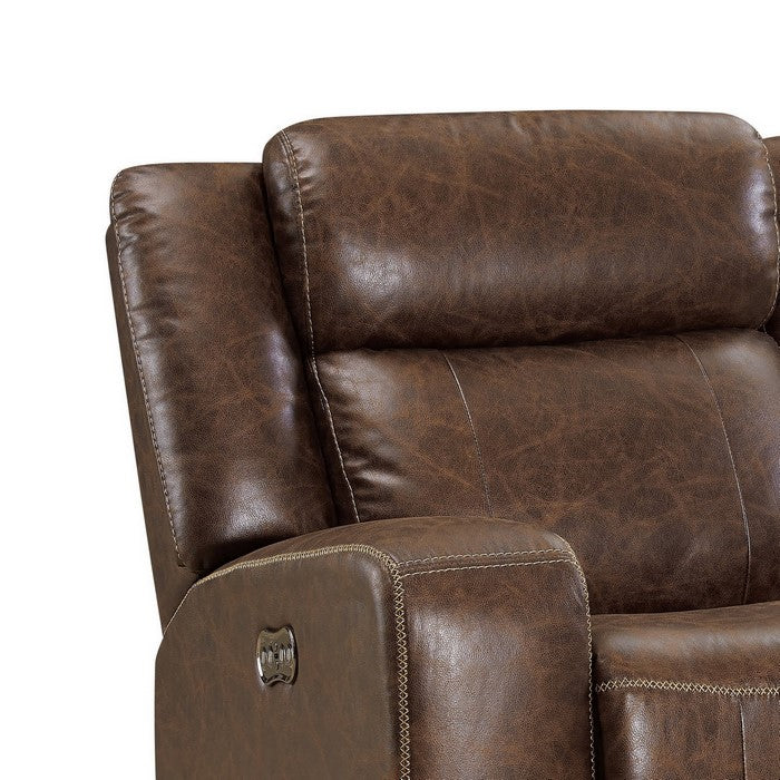 Leatherette Power Glider Recliner with Stitched Details, Brown