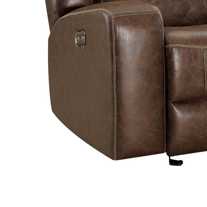 Leatherette Power Glider Recliner with Stitched Details, Brown