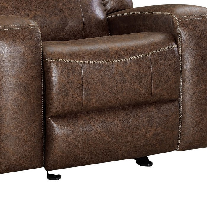 Leatherette Power Glider Recliner with Stitched Details, Brown