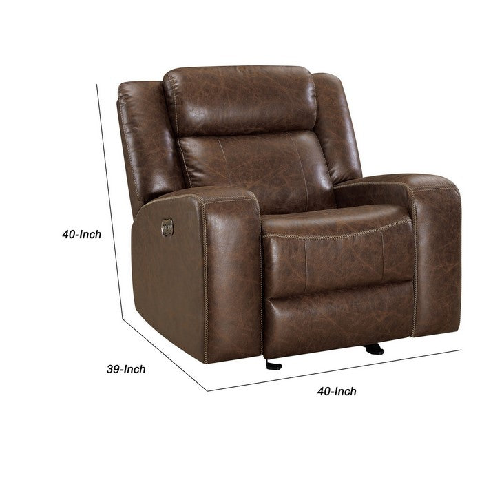 Leatherette Power Glider Recliner with Stitched Details, Brown