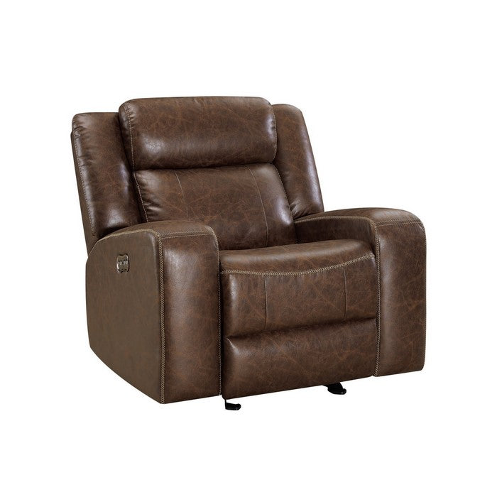 Leatherette Power Glider Recliner with Stitched Details, Brown