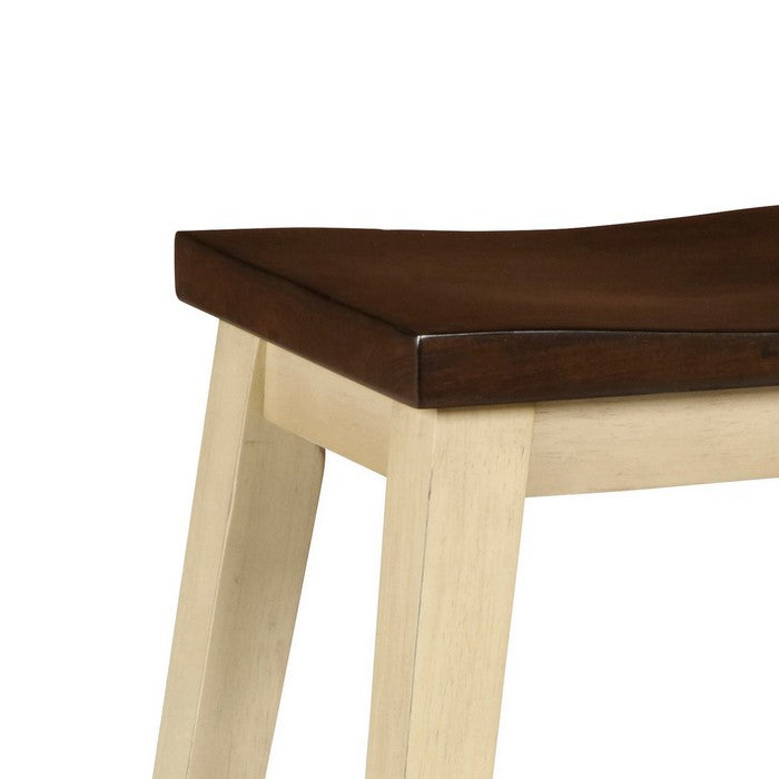 Wooden Counter Height Stool with Saddle Seat, Set of 2, Brown and Beige