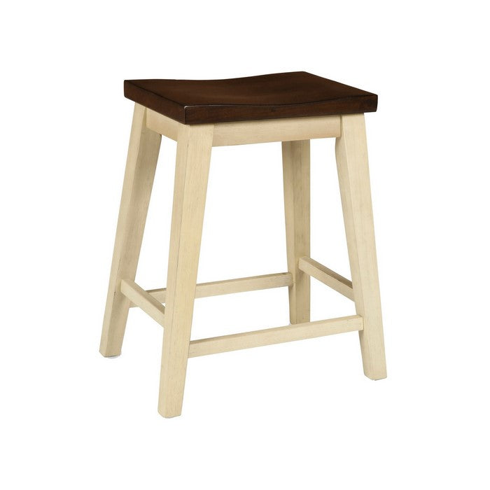 Wooden Counter Height Stool with Saddle Seat, Set of 2, Brown and Beige