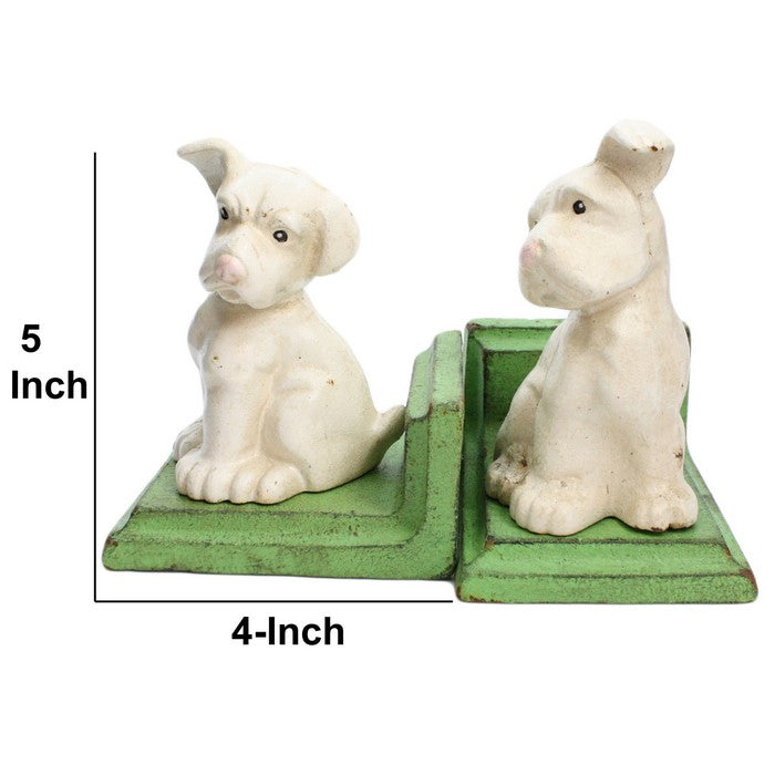 Metal Puppy Bookends, White and Green
