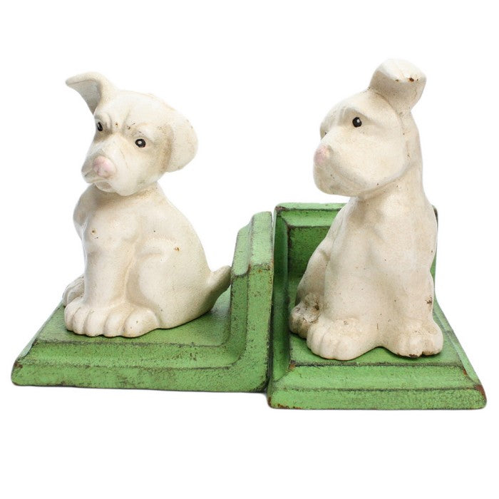 Metal Puppy Bookends, White and Green