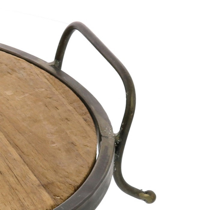 Wood and Metal Round Tray with Sturdy Handles, Black and Brown