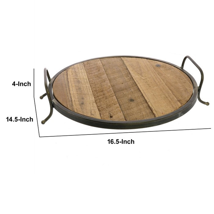 Wood and Metal Round Tray with Sturdy Handles, Black and Brown