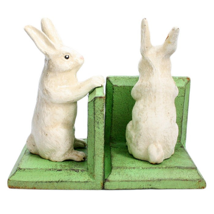 Metal Bunny Bookends, White and Green