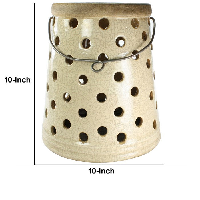 Ceramic Lantern with Circular Cut out Design, White