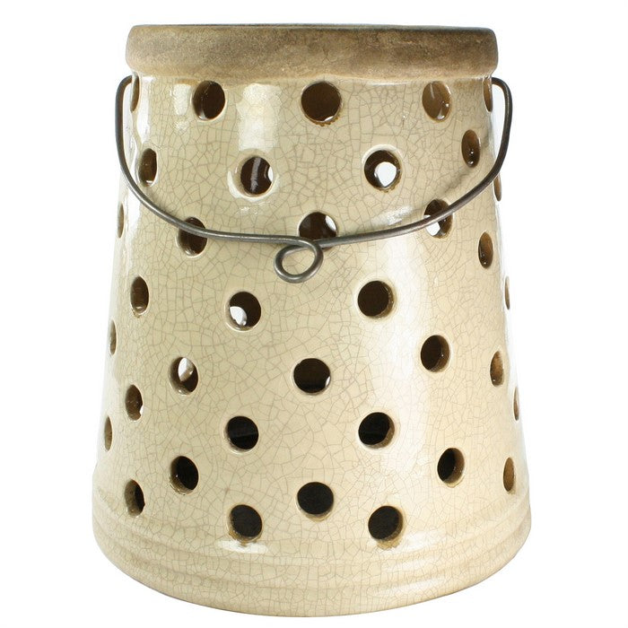 Ceramic Lantern with Circular Cut out Design, White