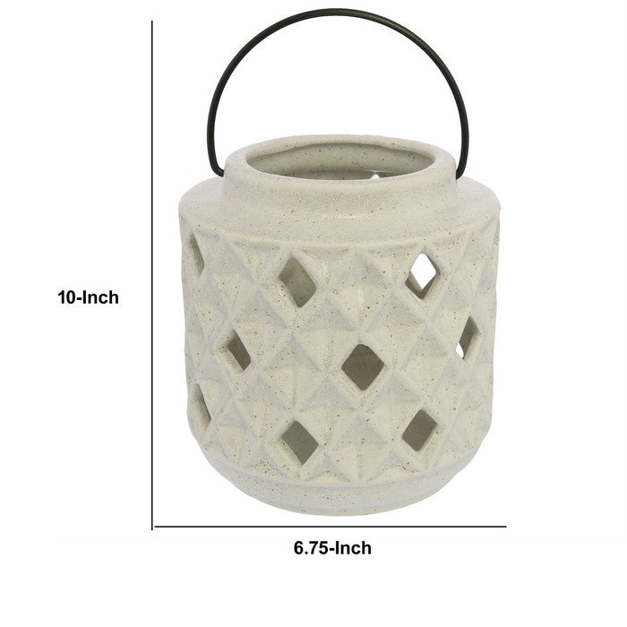 Ceramic Lantern with Diamond Cut Out Design, White