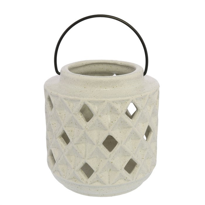 Ceramic Lantern with Diamond Cut Out Design, White