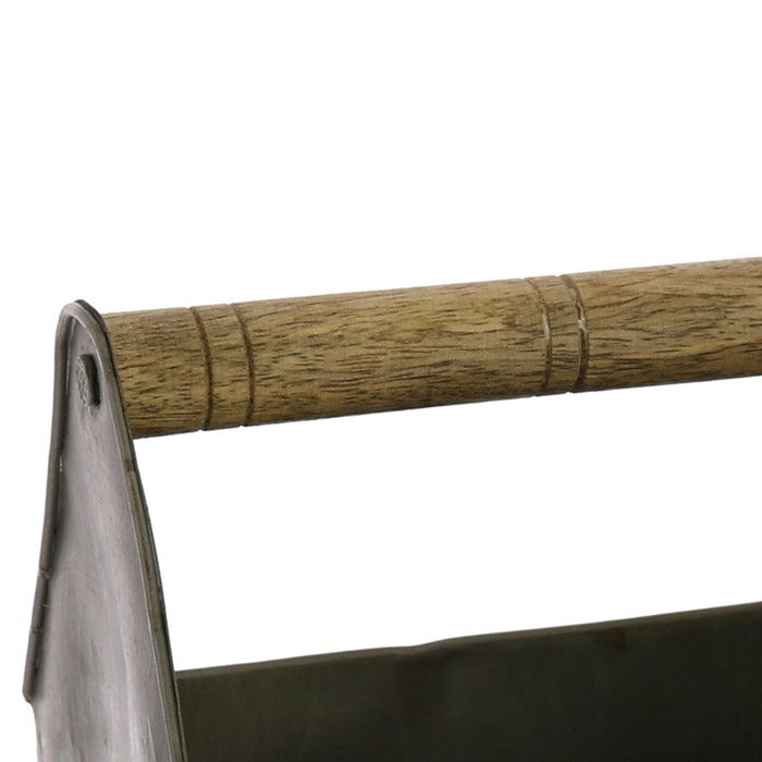 Metal Caddy with Wooden Handle, Gray