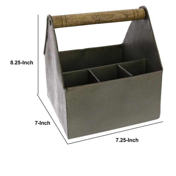 Metal Caddy with Wooden Handle, Gray