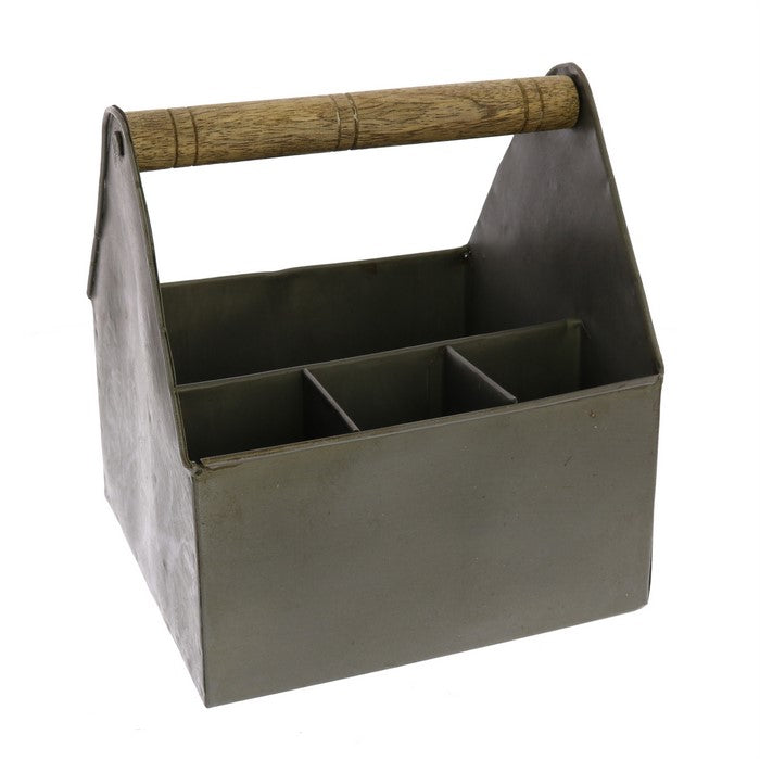 Metal Caddy with Wooden Handle, Gray