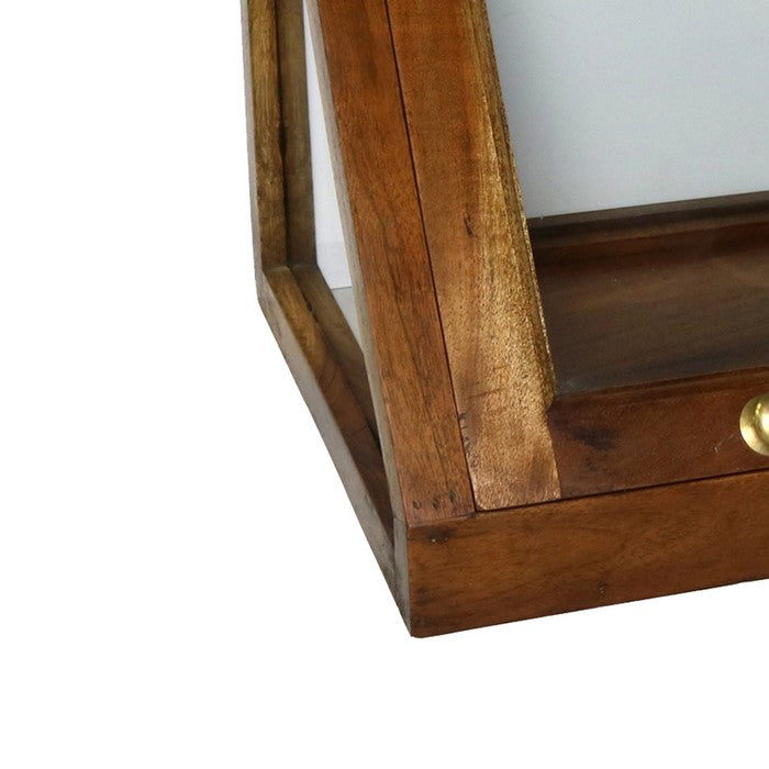 Wood and Glass Angled Display Case with Lock and Key, Brown
