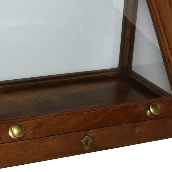 Wood and Glass Angled Display Case with Lock and Key, Brown