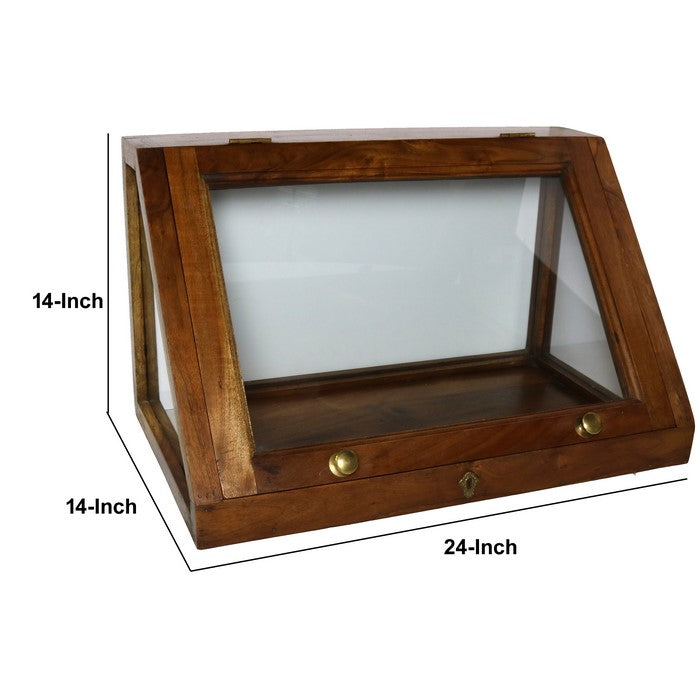 Wood and Glass Angled Display Case with Lock and Key, Brown