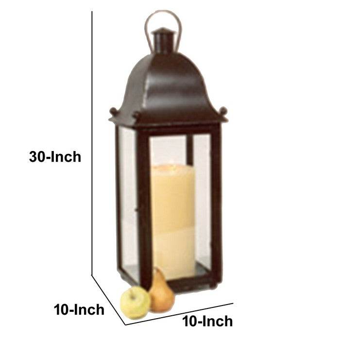 Large Metal and Glass Lantern with Hinged Door and Top, Black