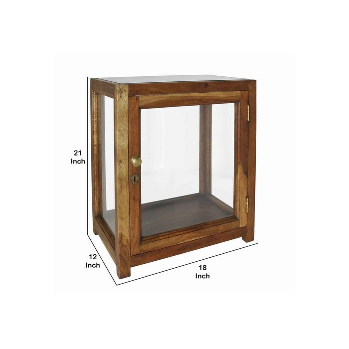 Wood and Glass Display Cabinet with Lock and Key, Brown