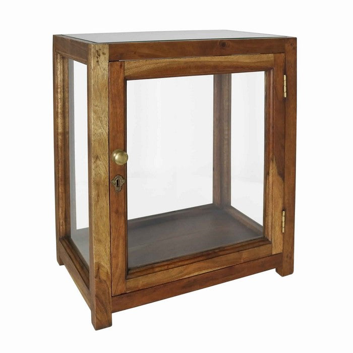 Wood and Glass Display Cabinet with Lock and Key, Brown