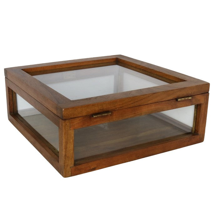 Wood and Glass Square Display Case with Lock and Key, Brown