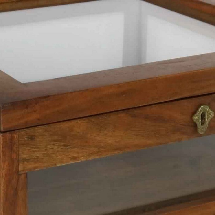 Wood and Glass Square Display Case with Lock and Key, Brown