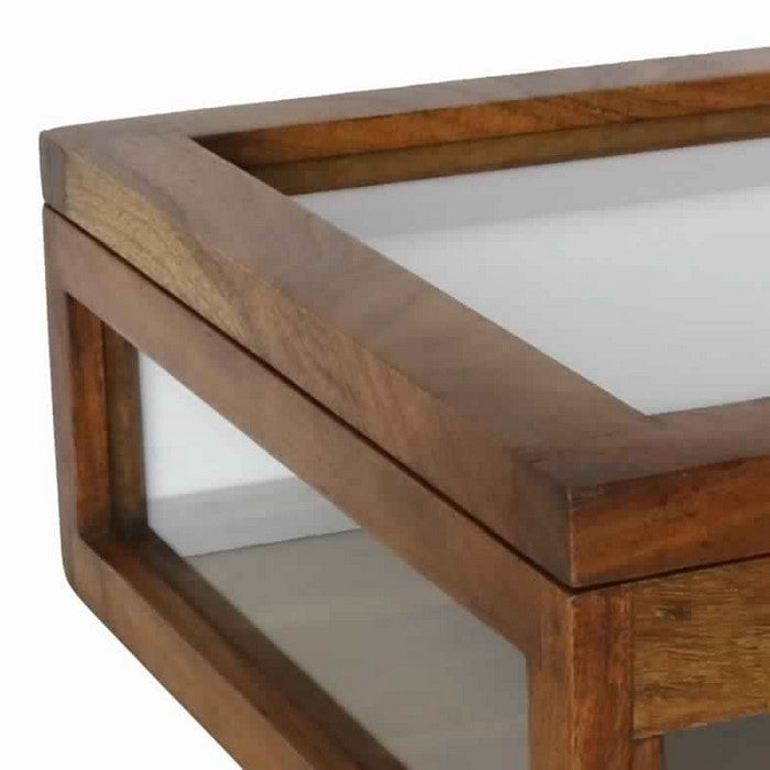 Wood and Glass Square Display Case with Lock and Key, Brown