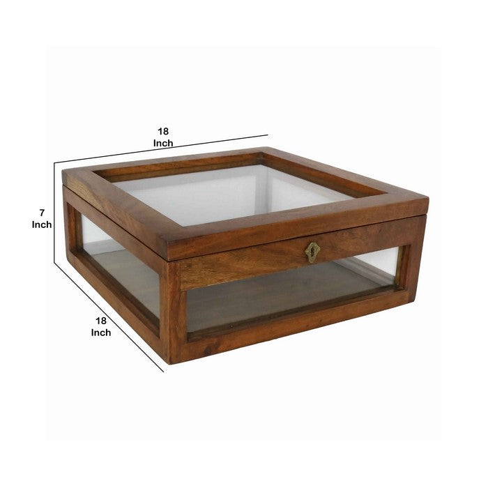 Wood and Glass Square Display Case with Lock and Key, Brown