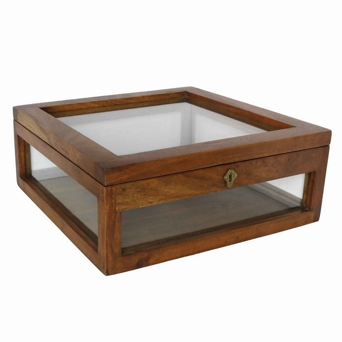 Wood and Glass Square Display Case with Lock and Key, Brown
