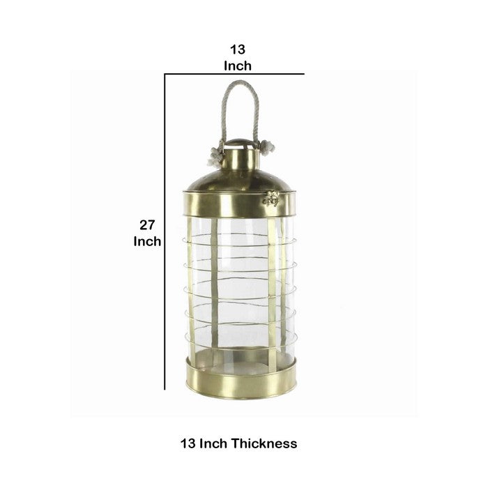 Metal and Glass Lantern with Latched Top, Brass