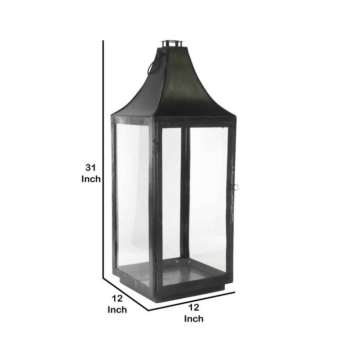 Metal and Glass Lantern with Hinged Door and Top, Large, Black