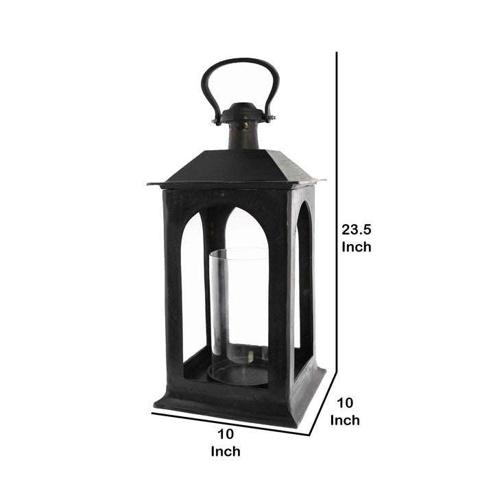 Metal Lantern with Glass Hurricane, Black