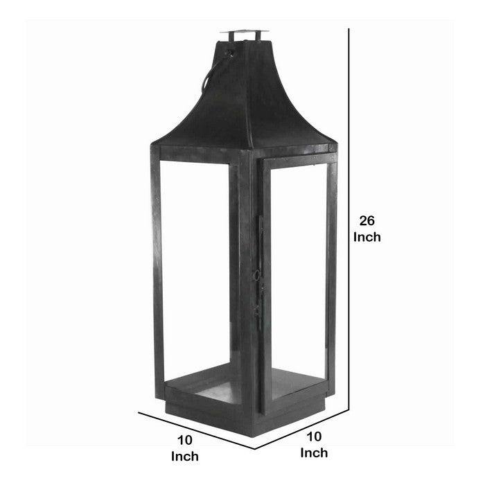 Metal and Glass Lantern with Hinged Door and Top, Small, Black
