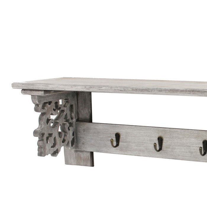 Wooden Wall Shelf with 4 Metal Hooks and Carved Side Frames, Gray