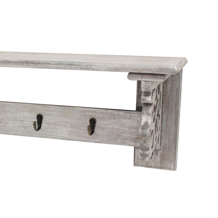 Wooden Wall Shelf with 4 Metal Hooks and Carved Side Frames, Gray