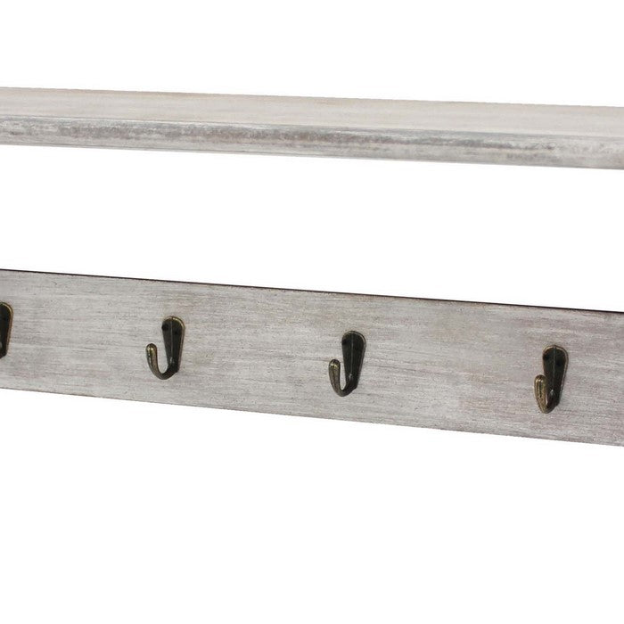Wooden Wall Shelf with 4 Metal Hooks and Carved Side Frames, Gray
