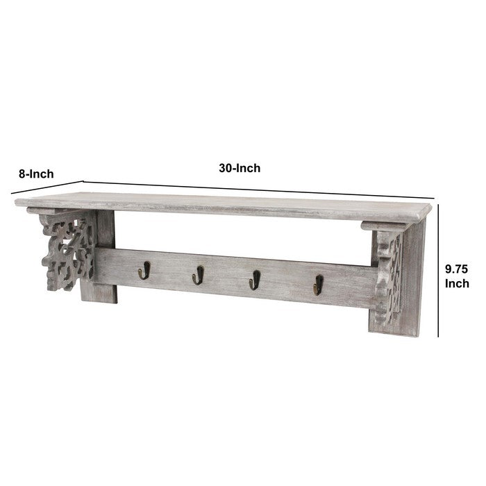 Wooden Wall Shelf with 4 Metal Hooks and Carved Side Frames, Gray