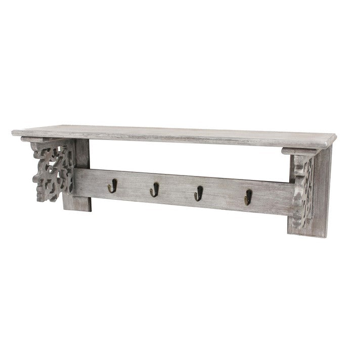 Wooden Wall Shelf with 4 Metal Hooks and Carved Side Frames, Gray