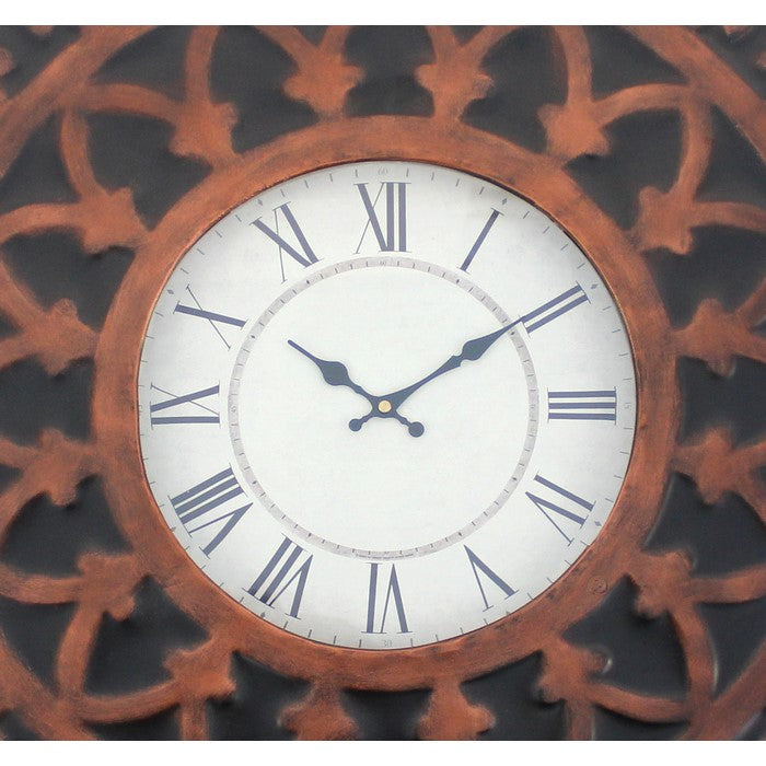 Baroque Design Metal Wall Clock with Roman Numerals, Brown and Black