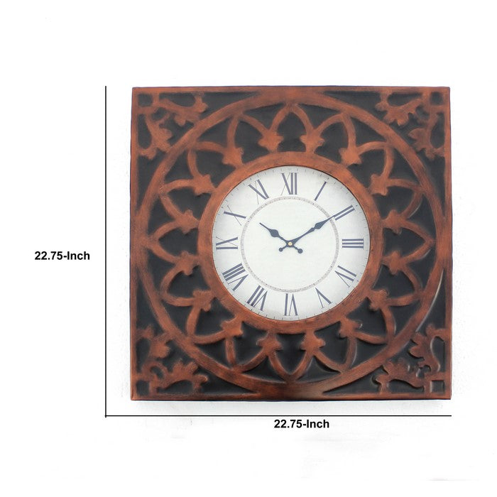 Baroque Design Metal Wall Clock with Roman Numerals, Brown and Black